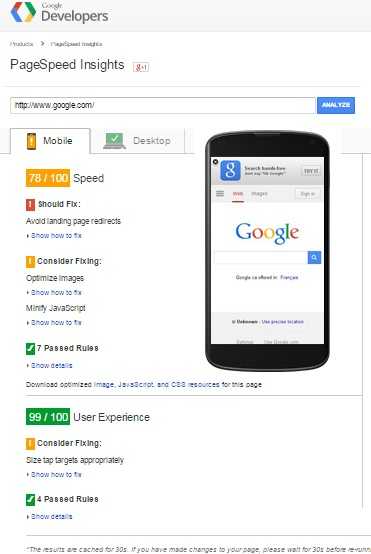 Google Mobile Test Warning